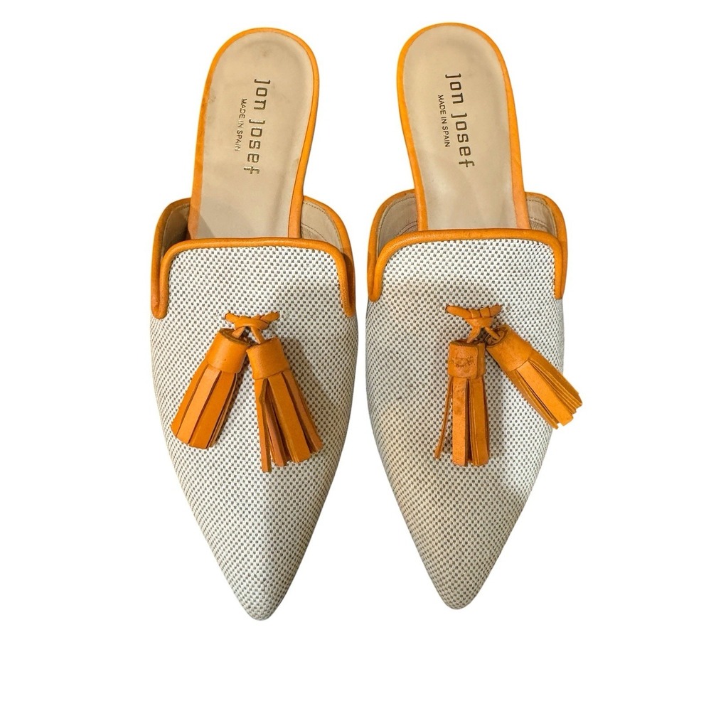 Jon Josef woven mules in orange and cream with tassel details Size 8